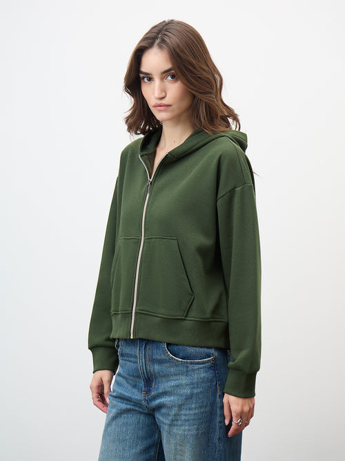 Olive Zip-Up Fleece Crop Hoodie