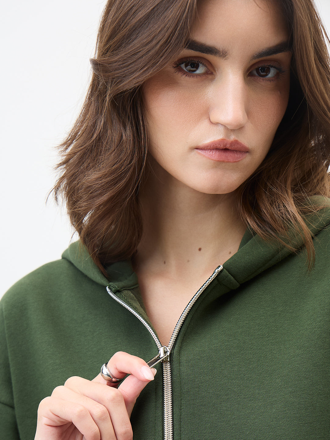 Olive Zip-Up Fleece Crop Hoodie