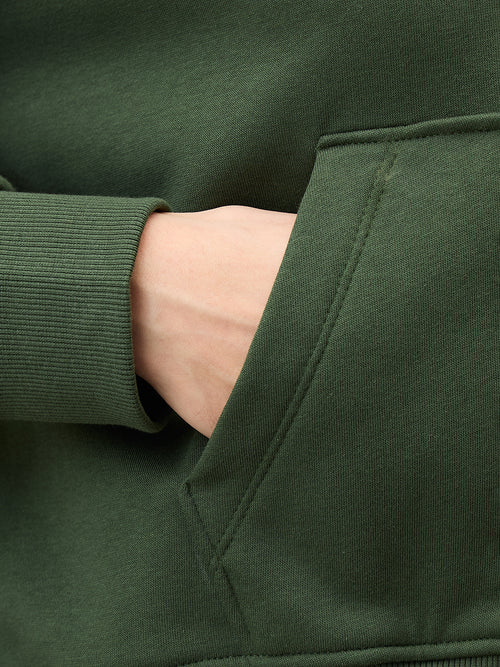 Olive Zip-Up Fleece Crop Hoodie
