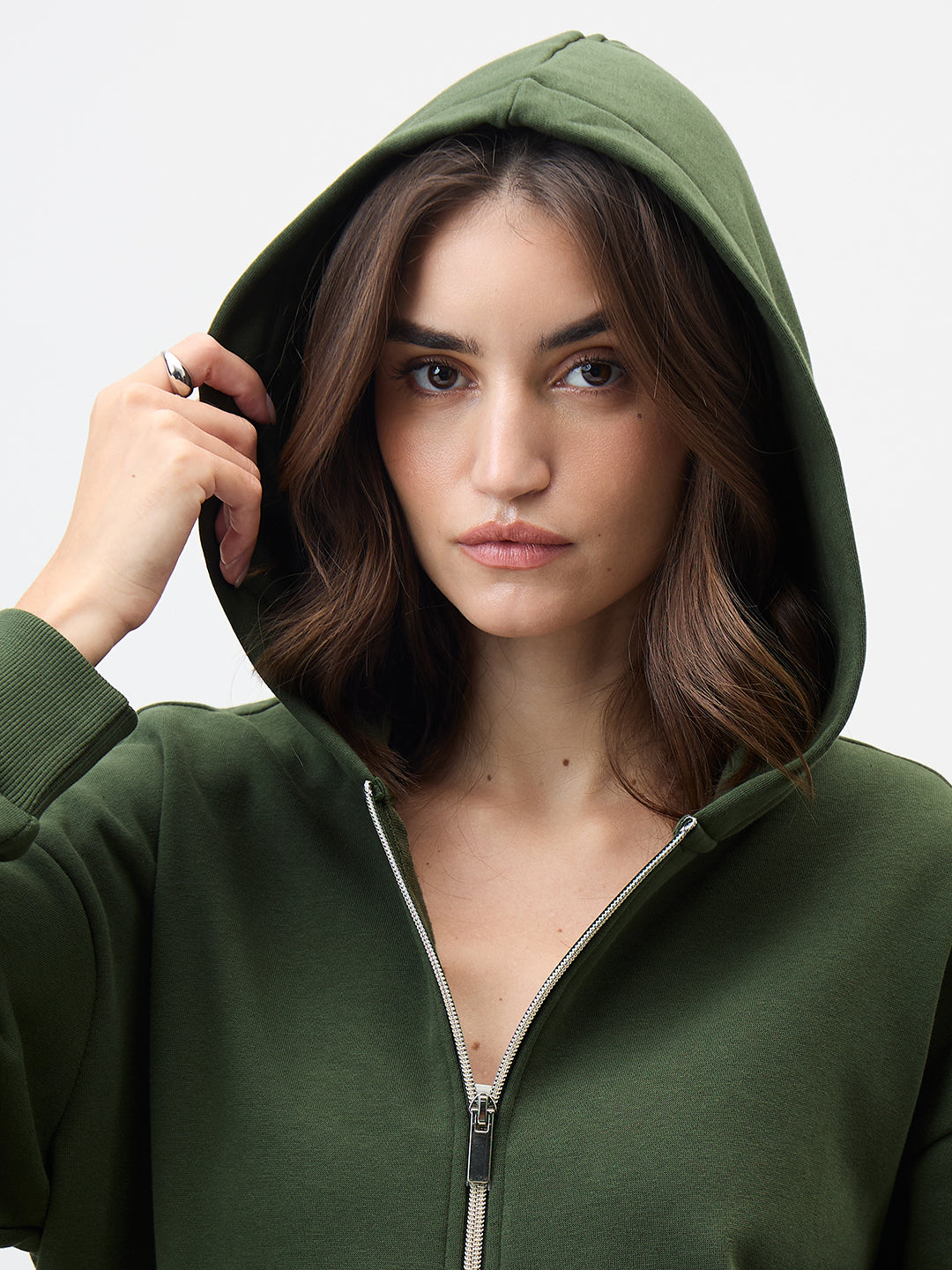Olive Zip-Up Fleece Crop Hoodie