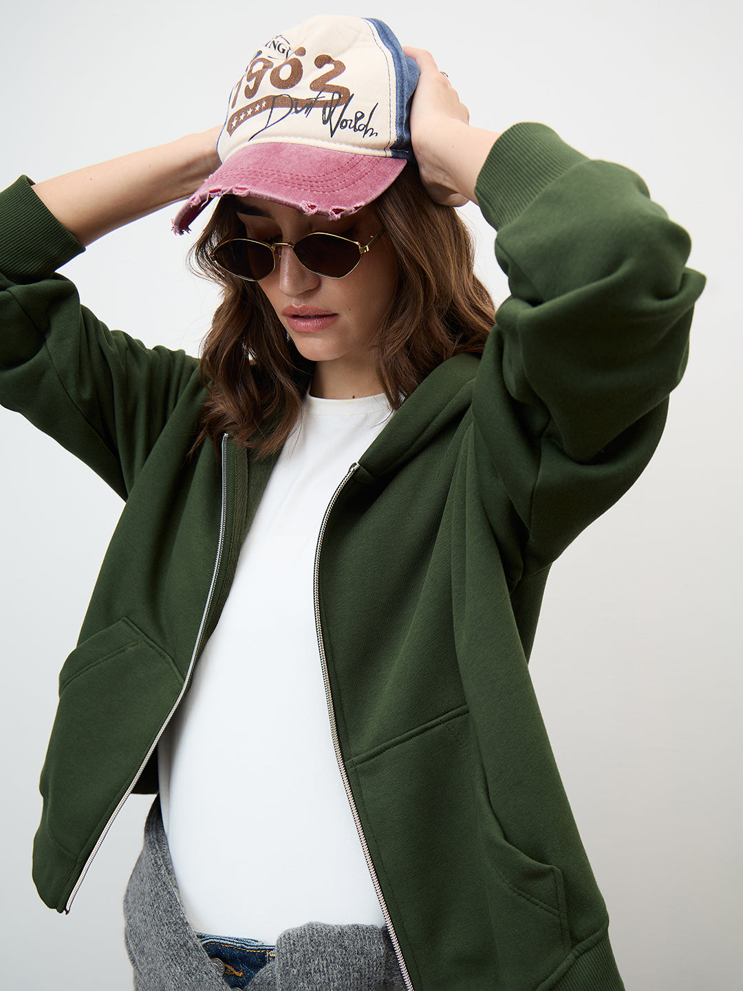 Olive Zip-Up Fleece Crop Hoodie