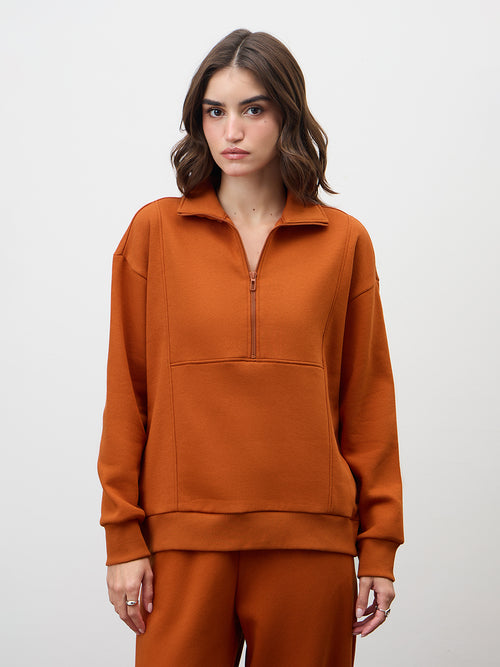 Rust Half Zipper Fleece Sweatshirt