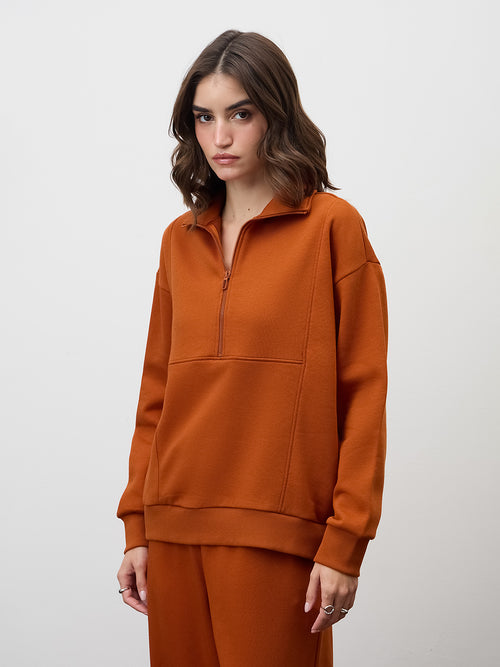 Rust Half Zipper Fleece Sweatshirt