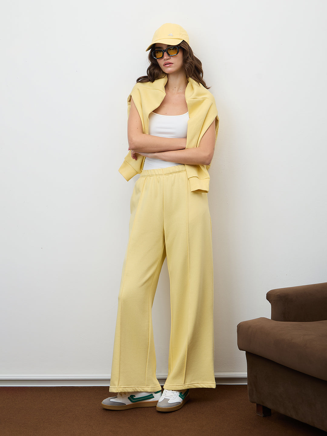 Butter Yellow Wide Leg Fleece Trackpants