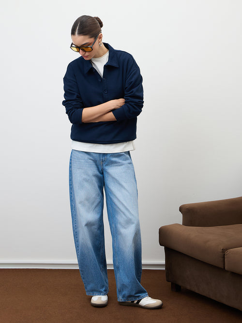 Navy Button Down Fleece Sweatshirt