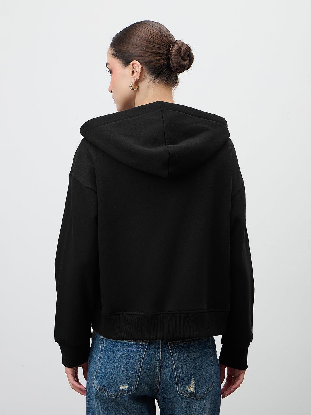 Black Zip-Up Fleece Crop Hoodie
