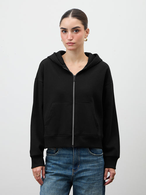 Black Zip-Up Fleece Crop Hoodie