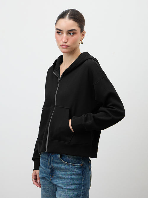 Black Zip-Up Fleece Crop Hoodie