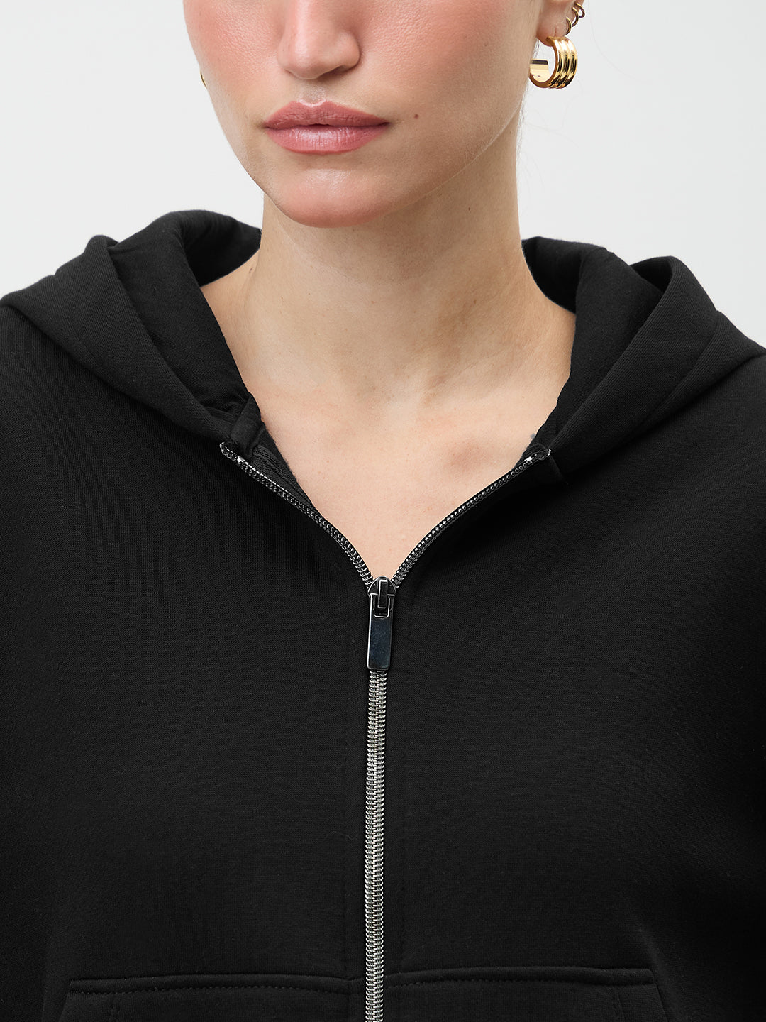 Black Zip-Up Fleece Crop Hoodie