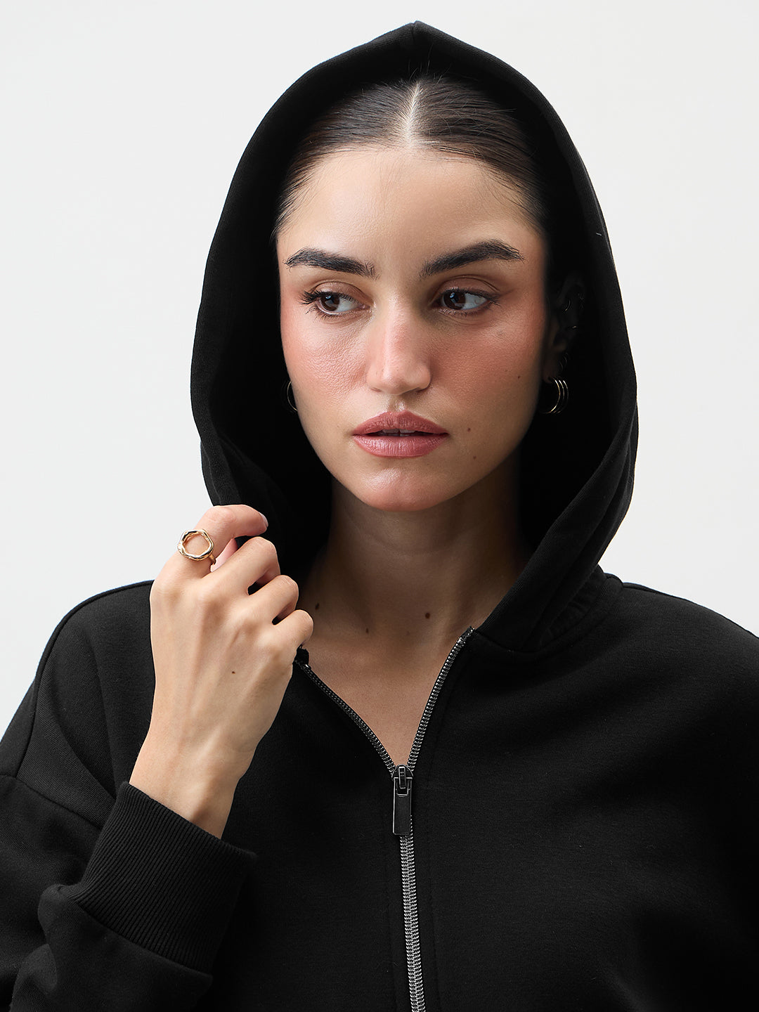 Black Zip-Up Fleece Crop Hoodie