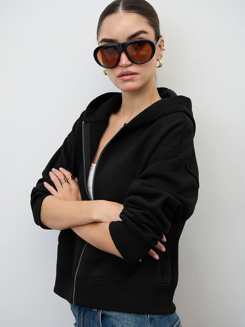 Black Zip-Up Fleece Crop Hoodie