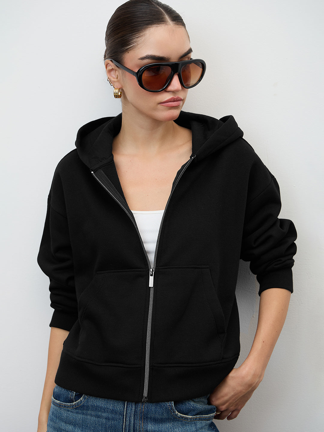Black Zip-Up Fleece Crop Hoodie