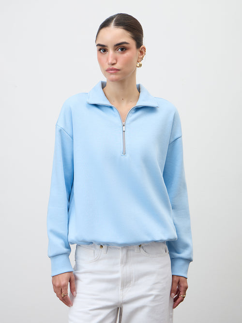 Icy Blue Half Zipper Fleece Crop Sweatshirt