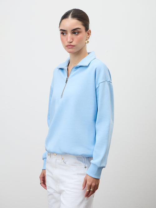 Icy Blue Half Zipper Fleece Crop Sweatshirt