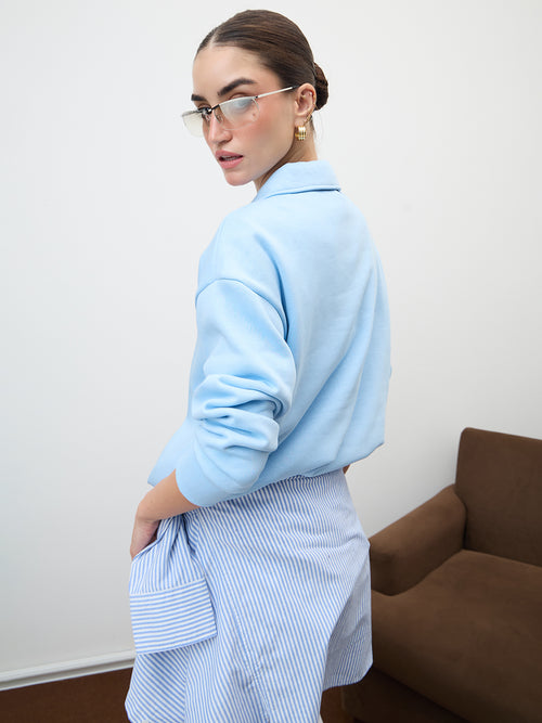 Icy Blue Half Zipper Fleece Crop Sweatshirt