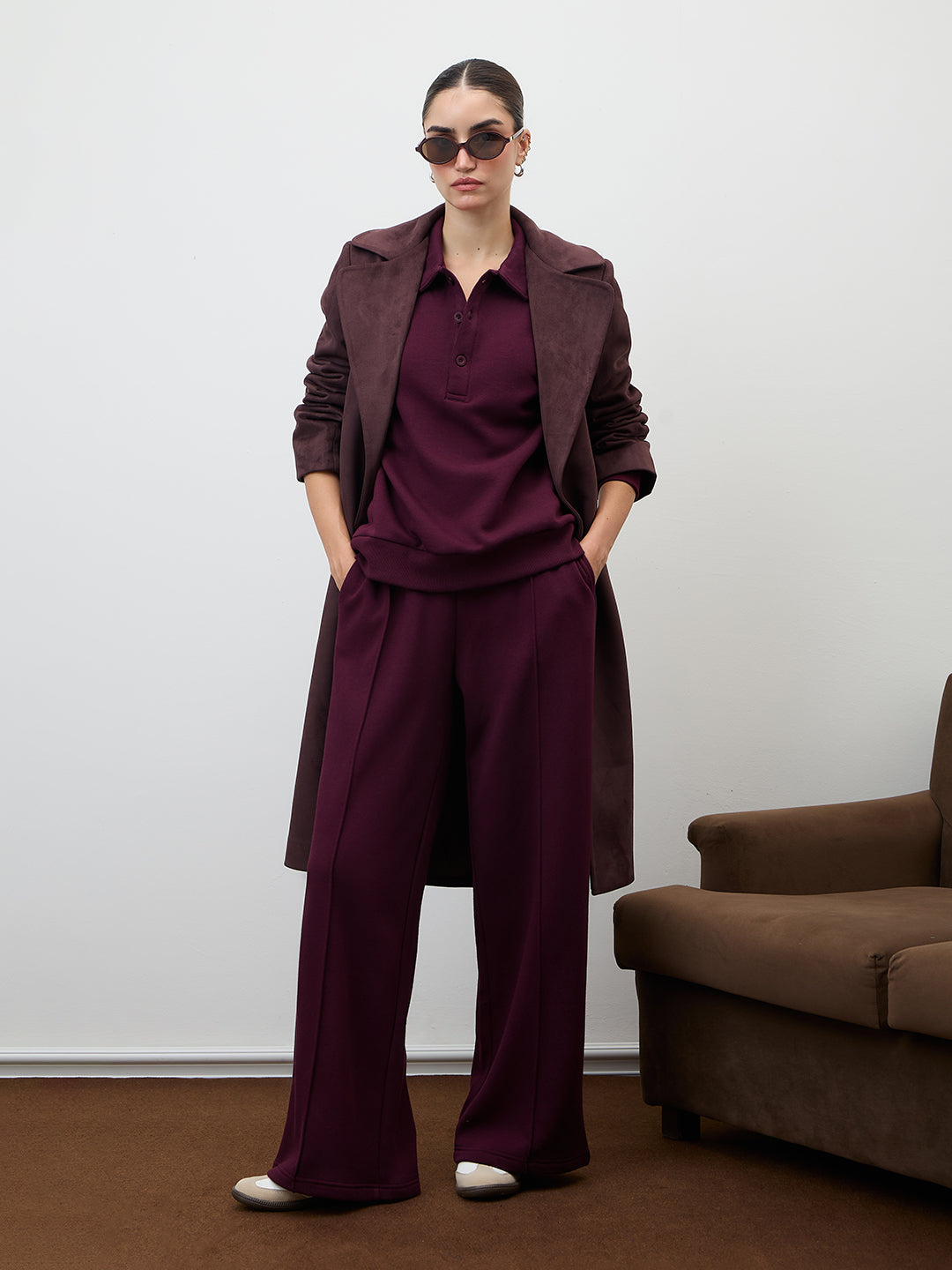 Wine Wide Leg Fleece Trackpants
