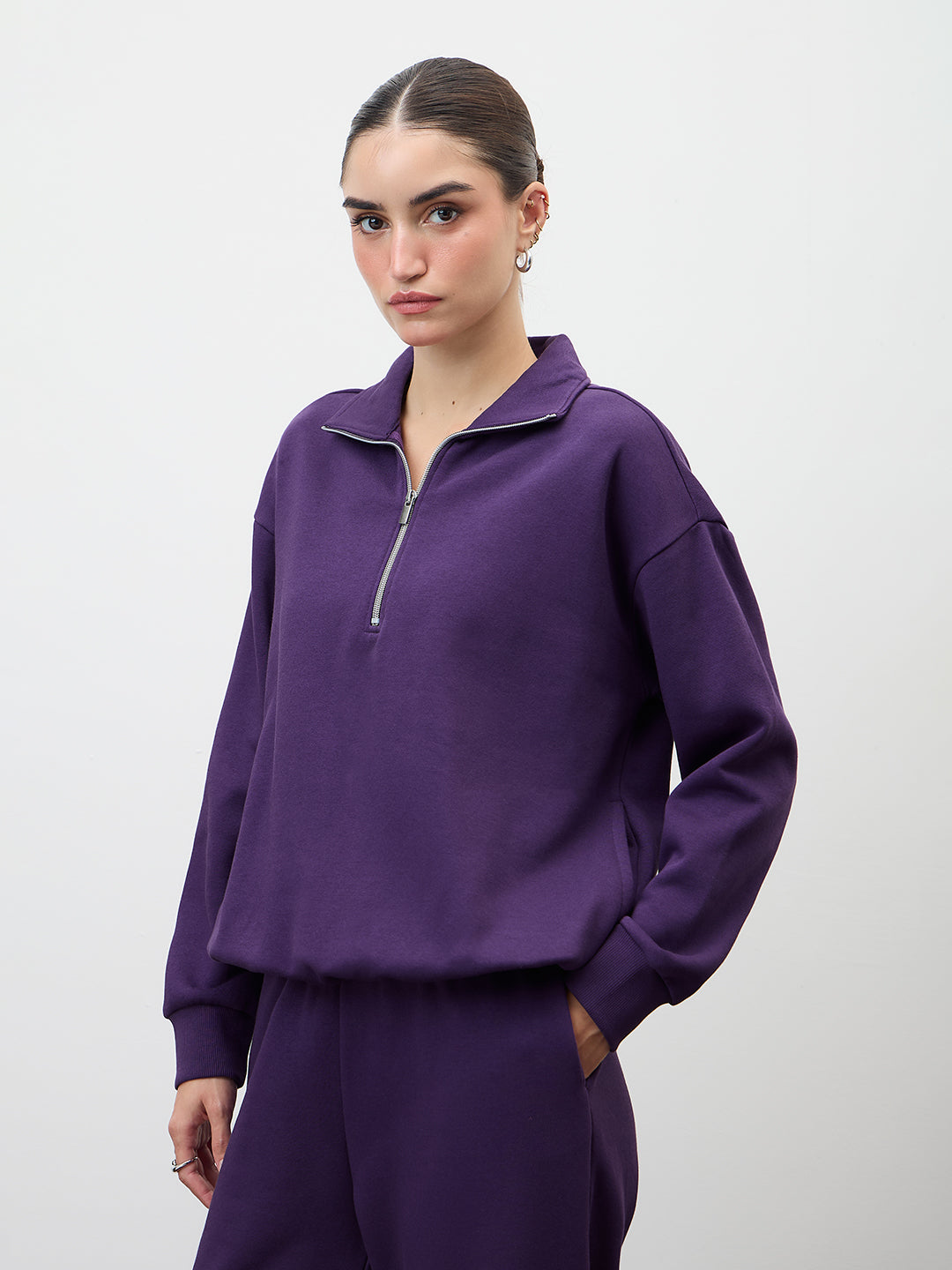 Purple Half Zipper Fleece Crop Sweatshirt