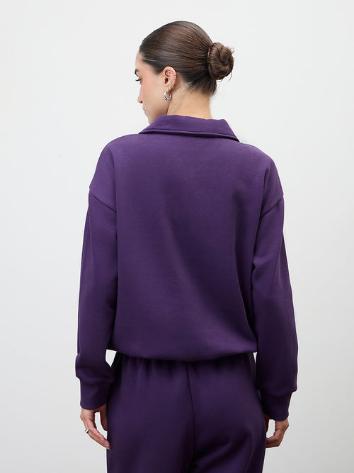 Purple Half Zipper Fleece Crop Sweatshirt