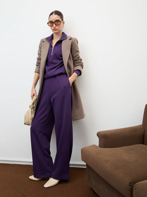 Purple Half Zipper Fleece Crop Sweatshirt