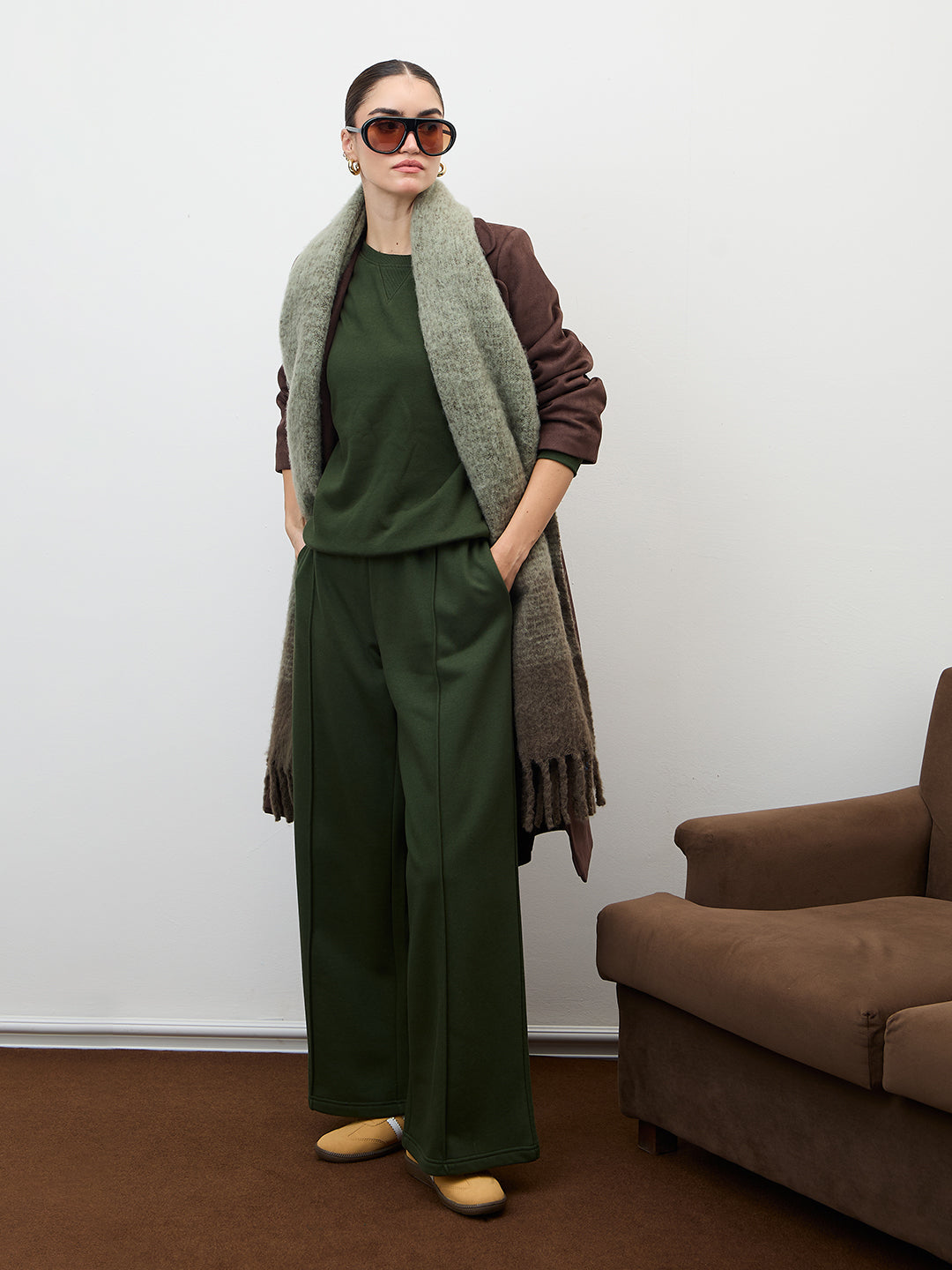 Olive Wide Leg Fleece Trackpants