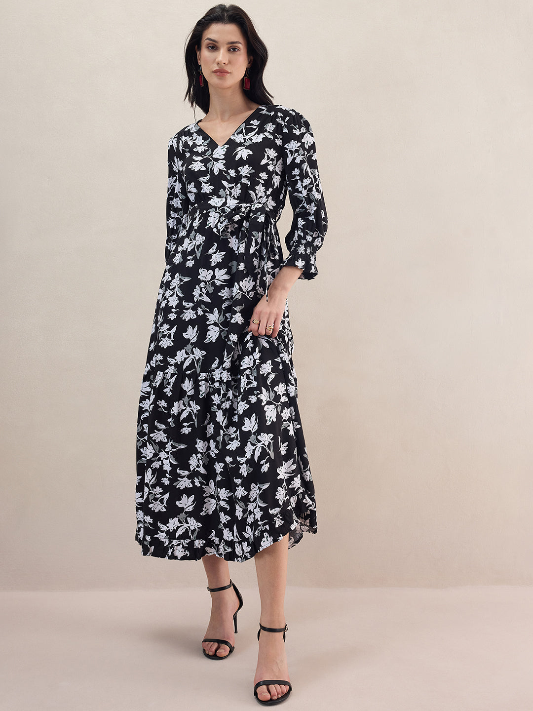 Black Floral Printed Tiered Maxi Dress