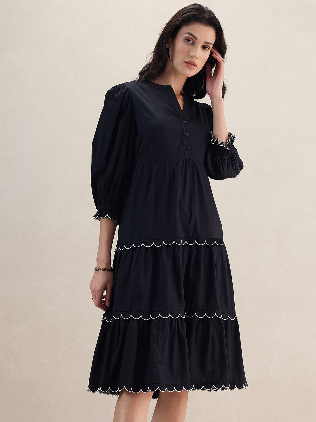 Black Scalloped Lace Tiered Midi Dress