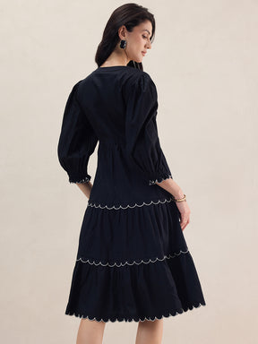 Black Scalloped Lace Tiered Midi Dress
