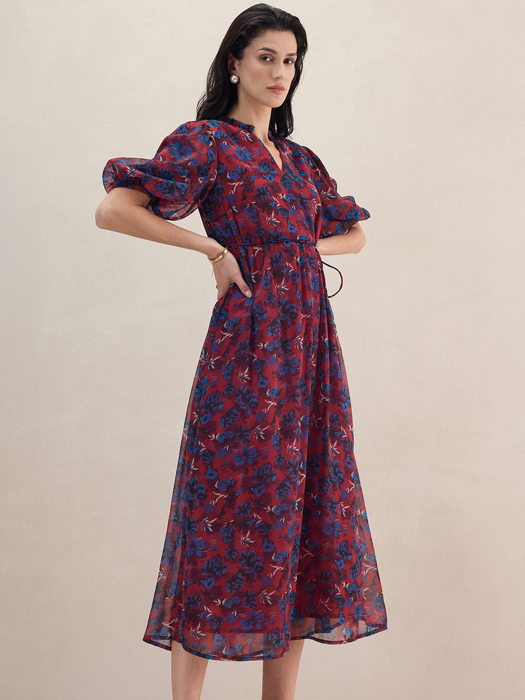 Red Floral Puff Sleeve Maxi Dress