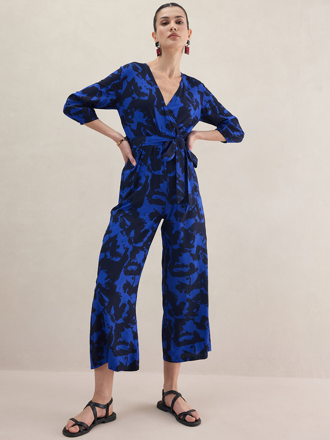 Blue Abstract Printed Wrap Jumpsuit