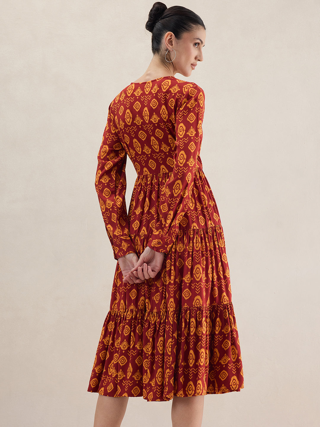 Red Geometric Printed Wrap Midi Dress