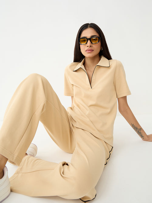 Beige With Contrast Edge Knit Co-Ord