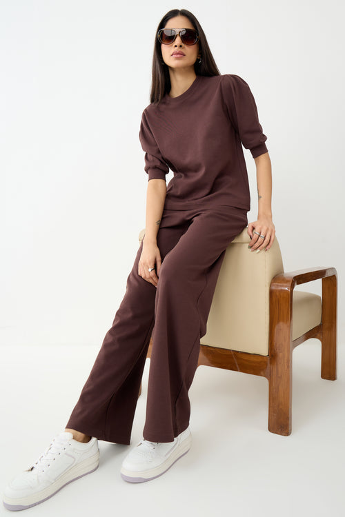 Coffee Brown Puff Sleeves Knit Co-Ord