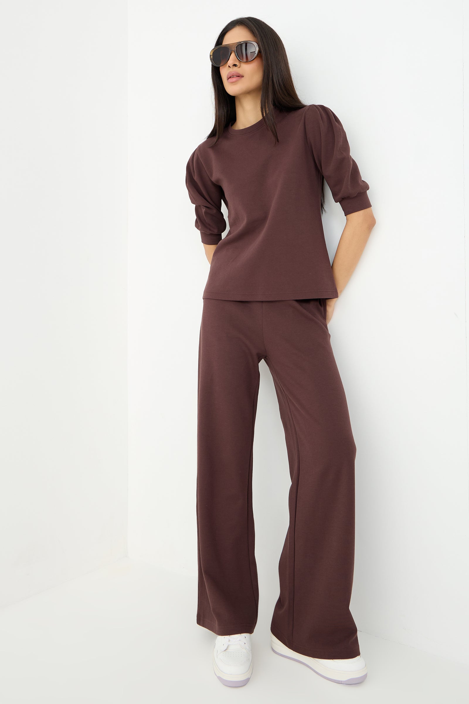 Coffee Brown Puff Sleeves Knit Co-Ord