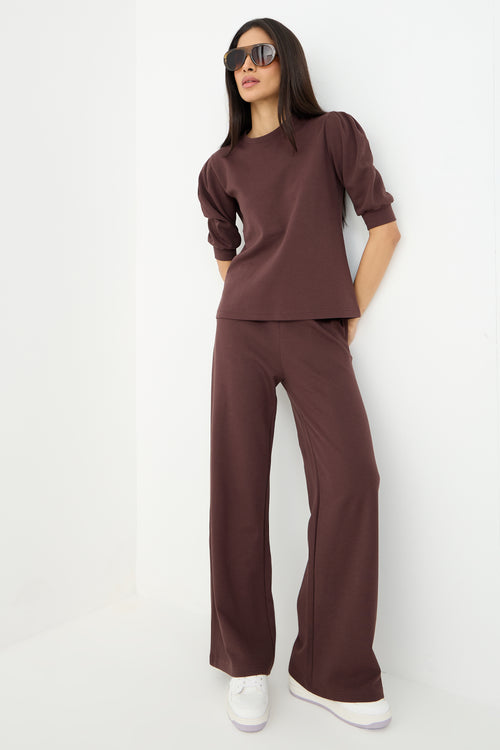 Coffee Brown Puff Sleeves Knit Co-Ord
