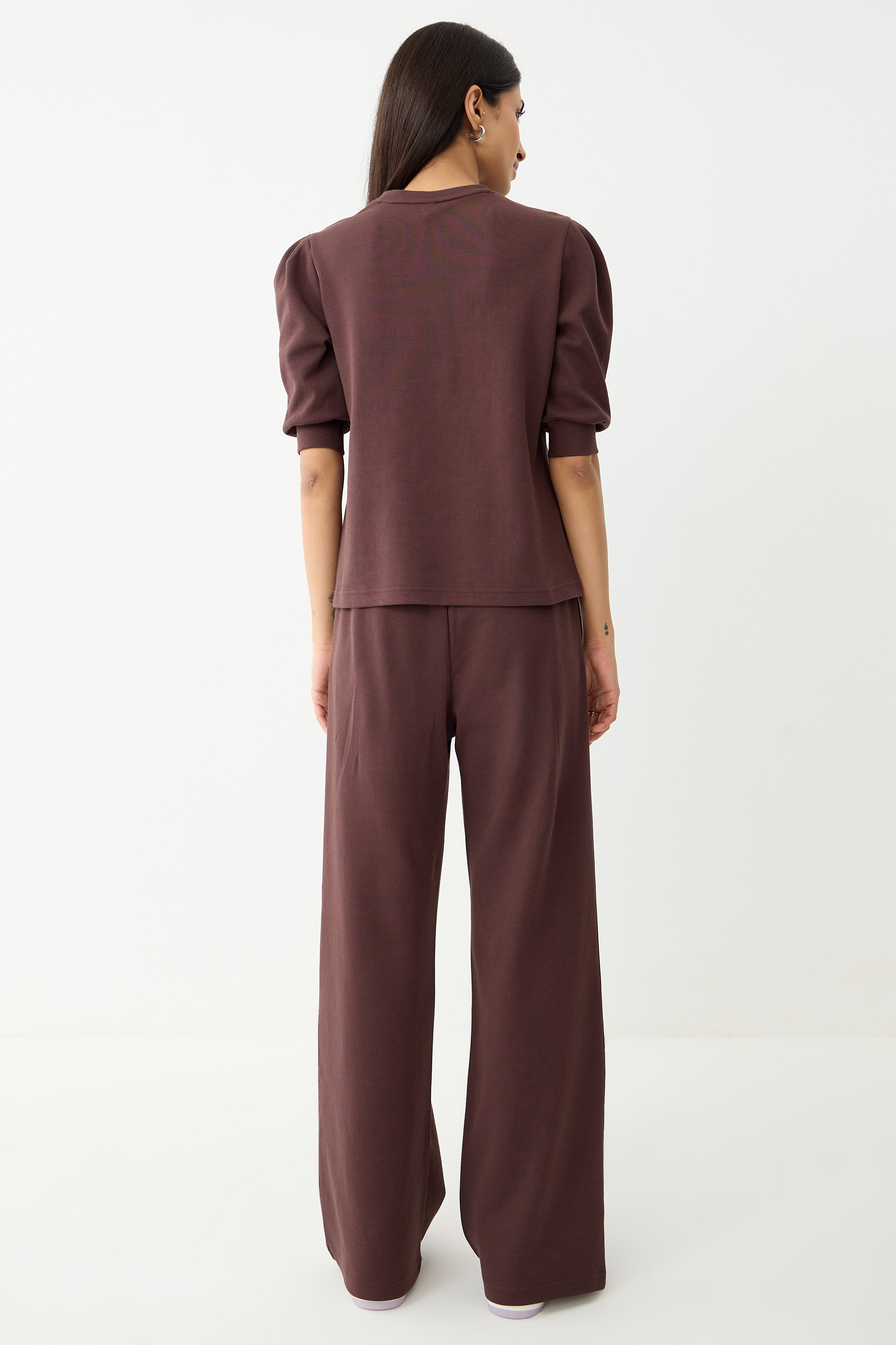 Coffee Brown Puff Sleeves Knit Co-Ord