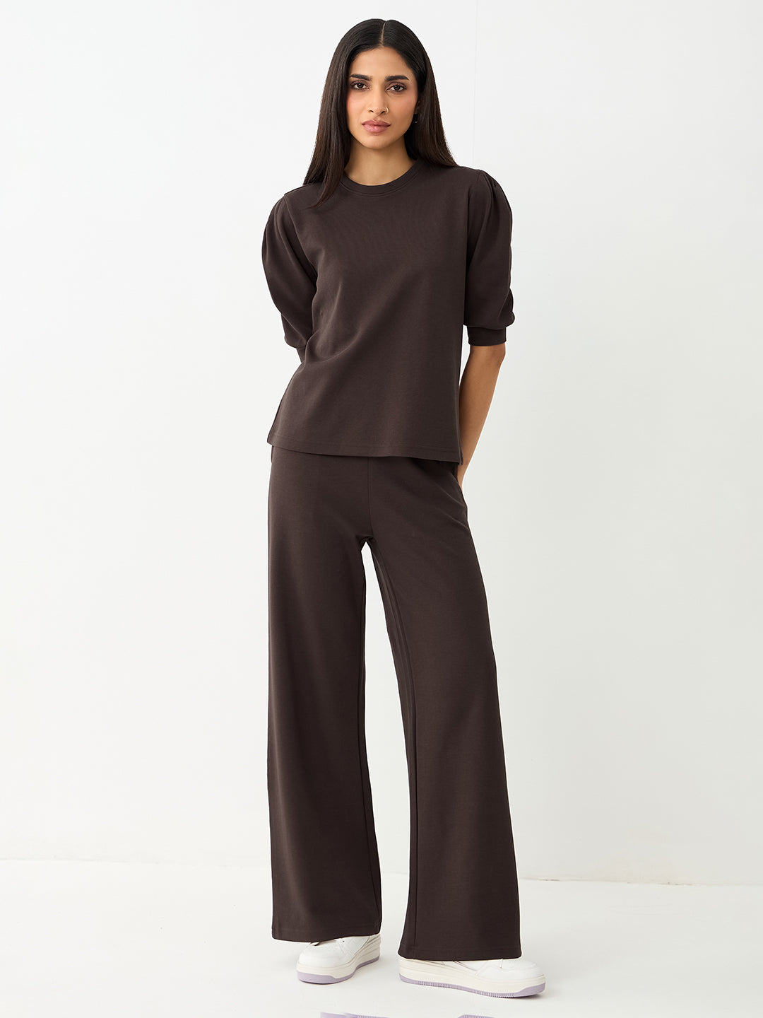 Coffee Brown Puff Sleeves Knit Co-Ord
