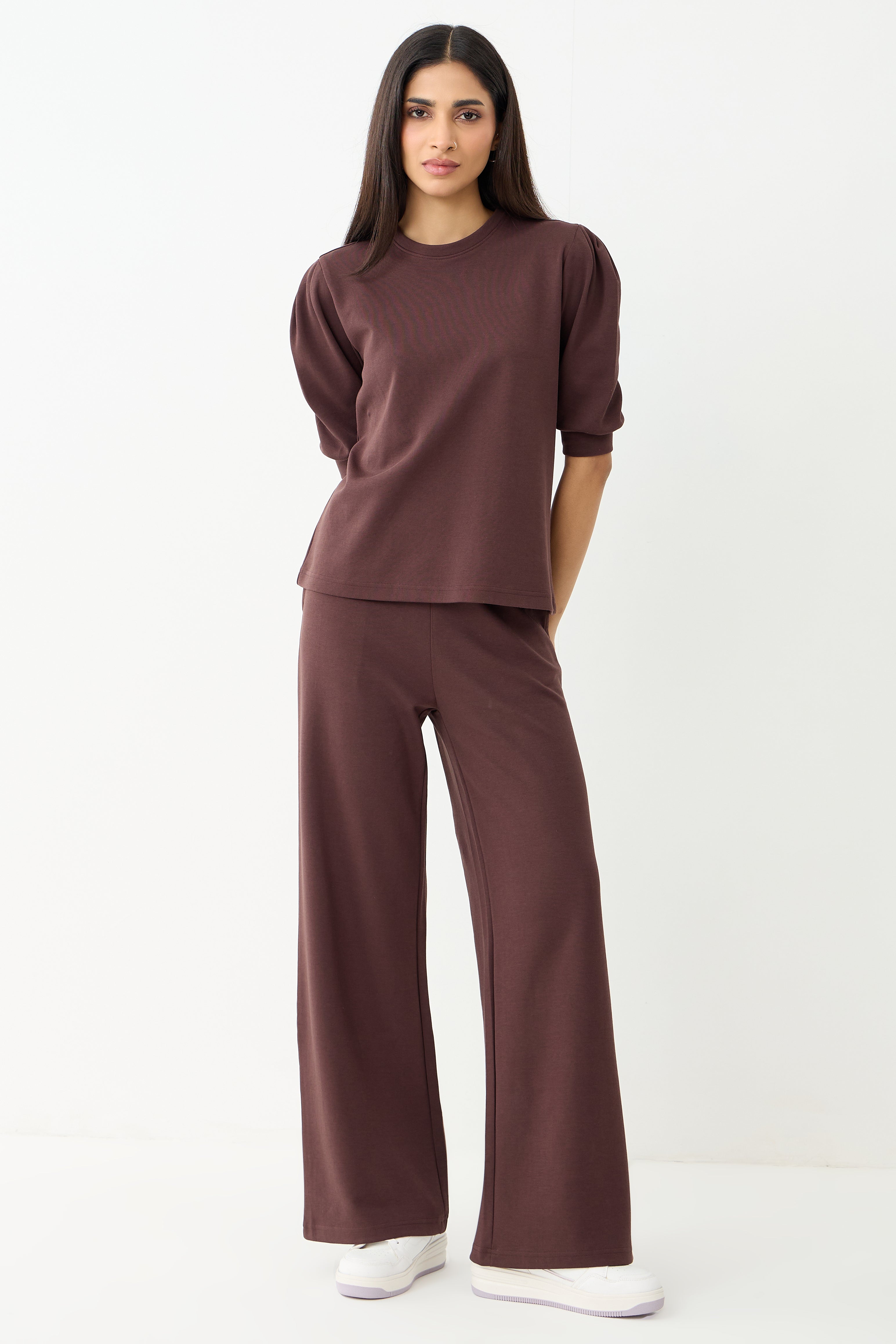 Coffee Brown Puff Sleeves Knit Co-Ord
