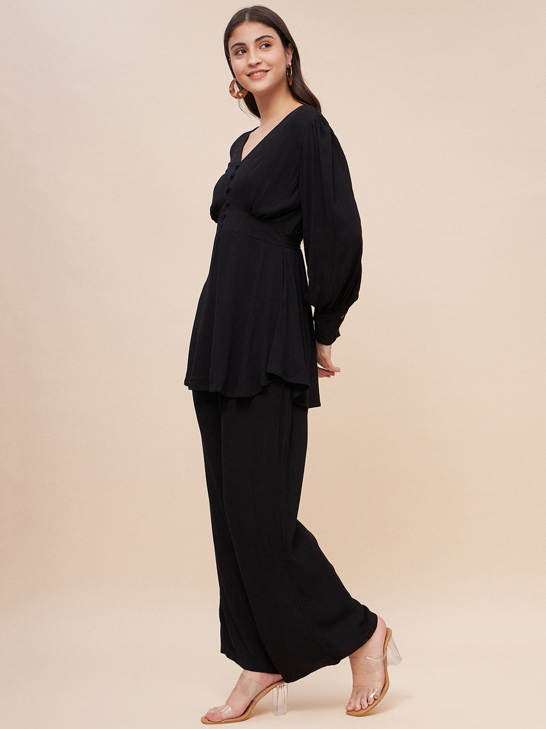 Black Crinkled Asymmetric Co-Ord Set