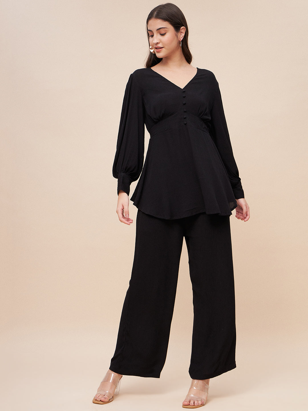 Black Crinkled Asymmetric Co-Ord Set