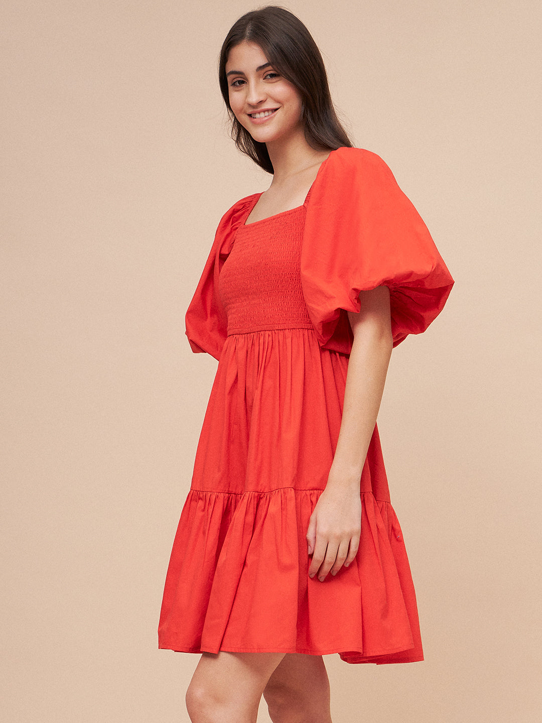 Orange Cotton Smocked Mini Tiered Dress