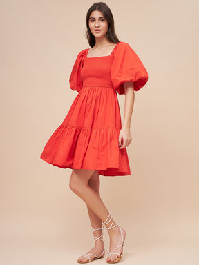 Orange Cotton Smocked Mini Tiered Dress
