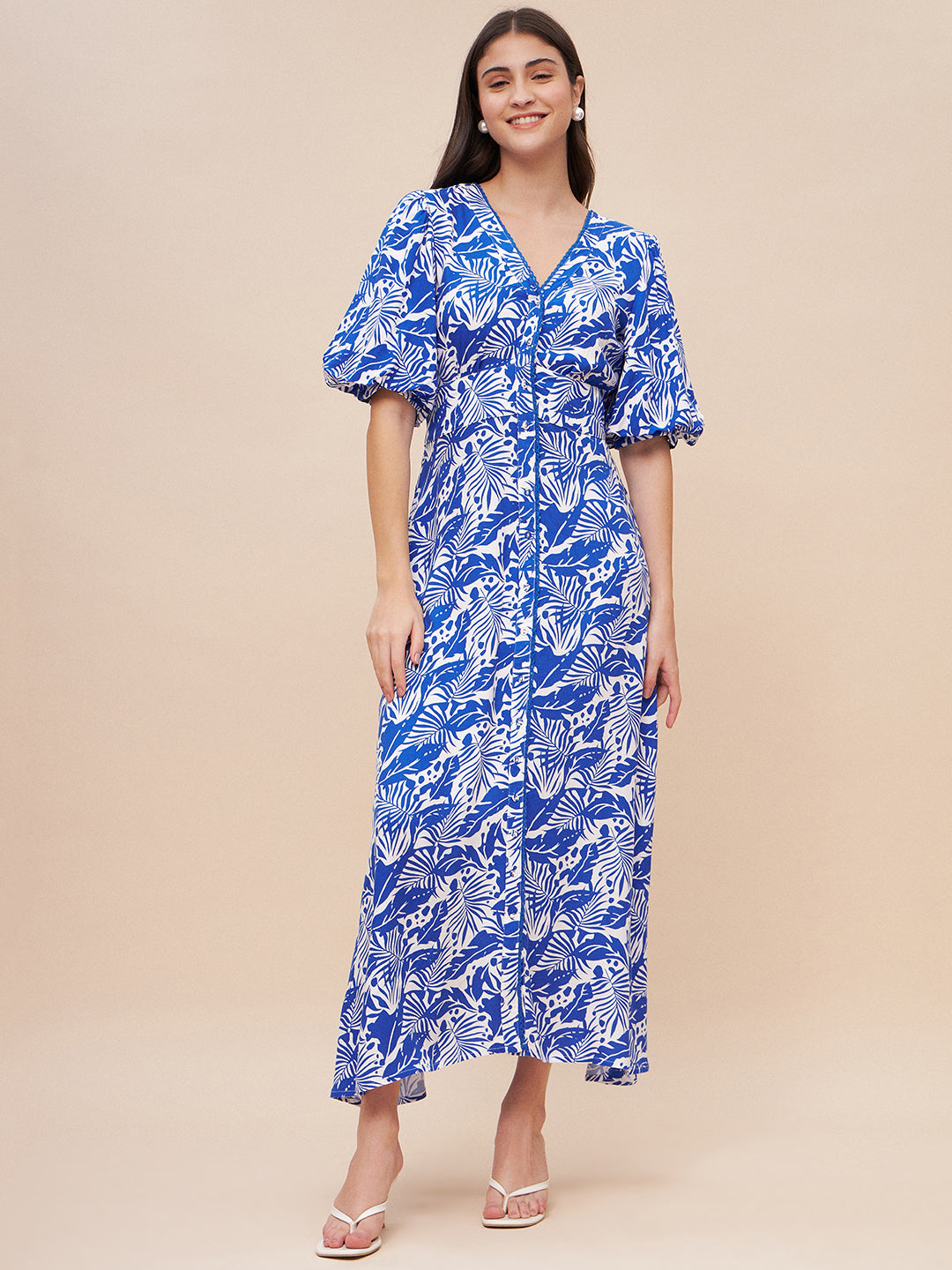 Blue Leaf Print Corset Detail Maxi Dress