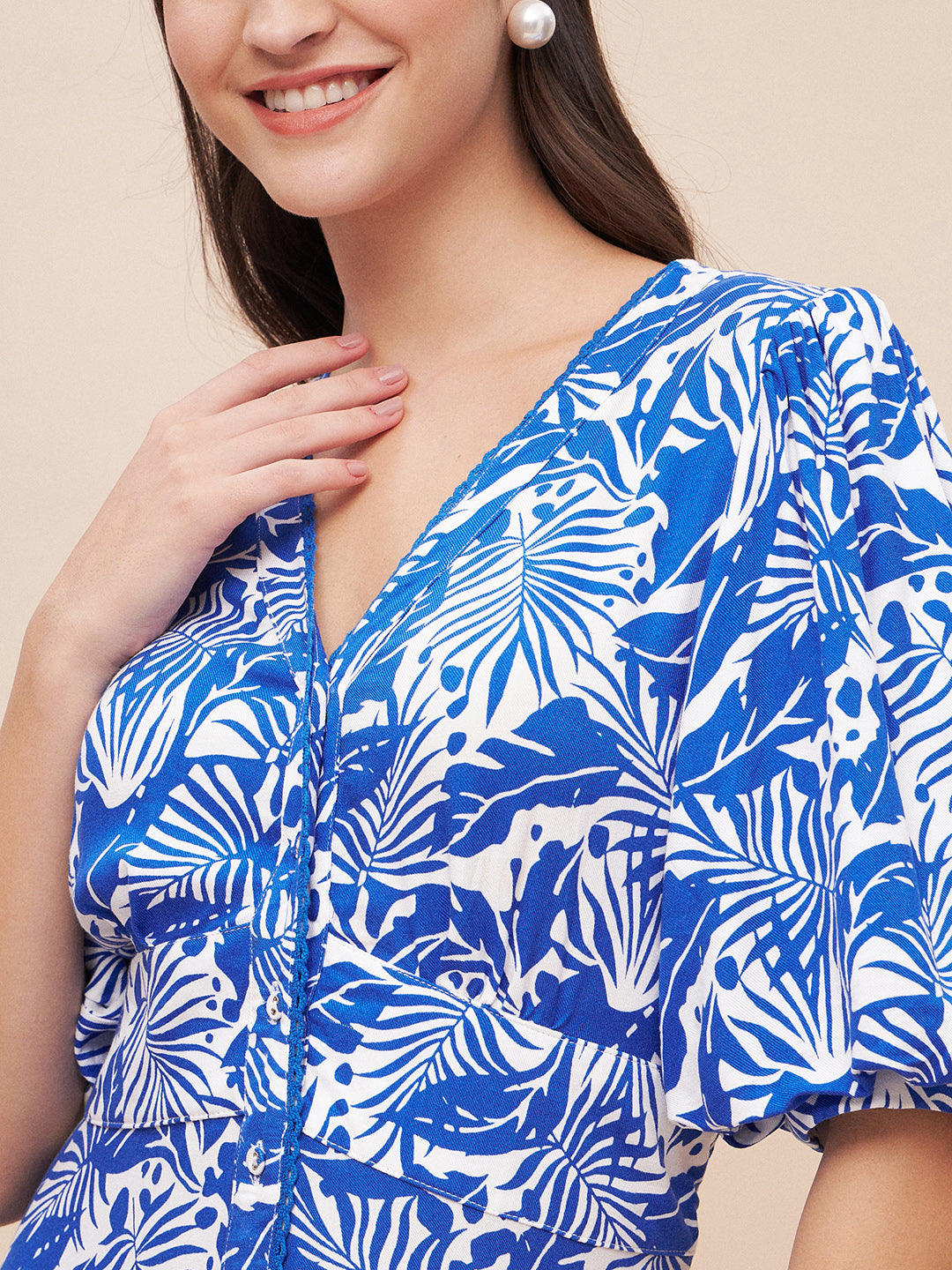 Blue Leaf Print Corset Detail Maxi Dress