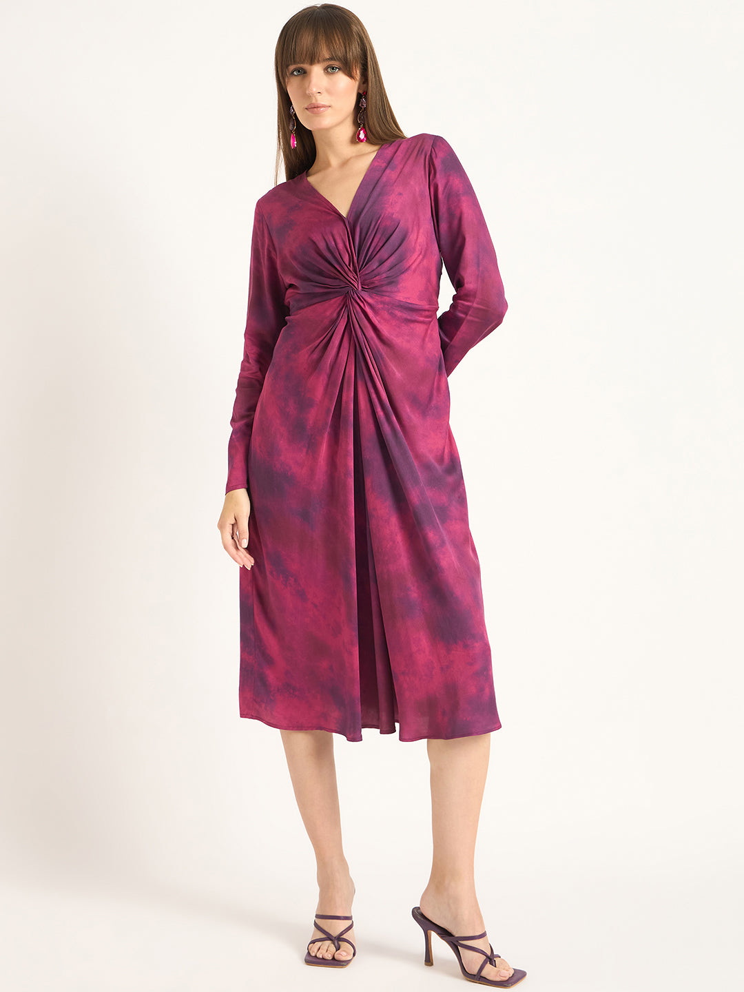 Wine Printed Front Twist Detail Midi Dress
