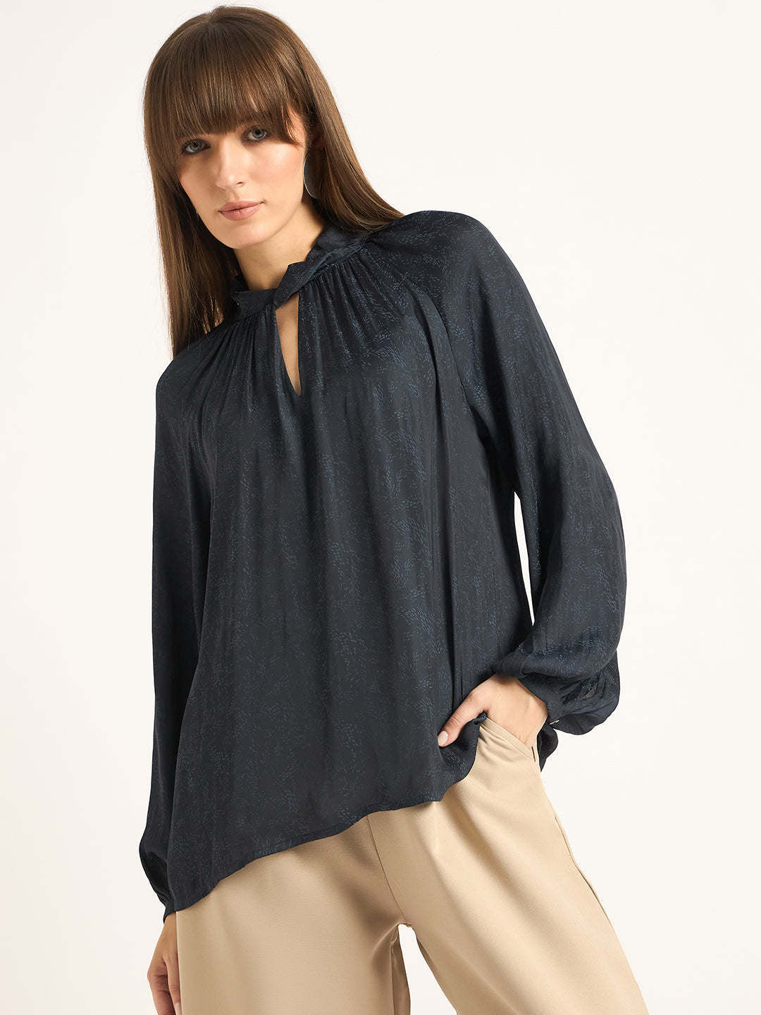 Navy Satin Neck Twist Detail Top