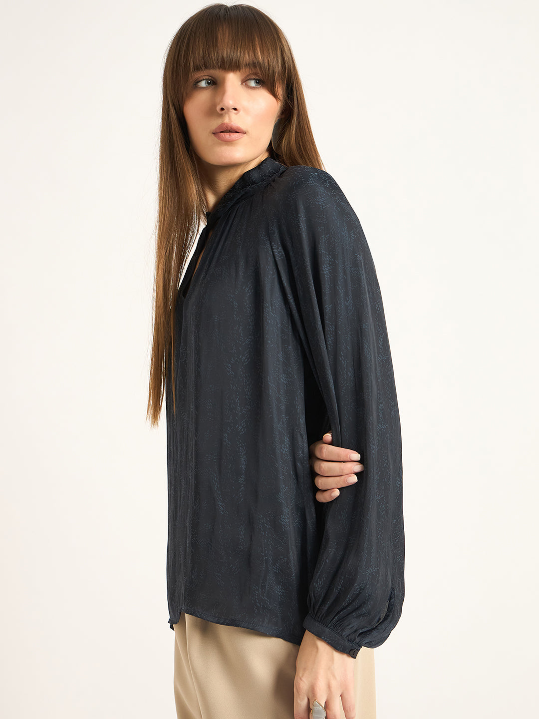 Navy Satin Neck Twist Detail Top