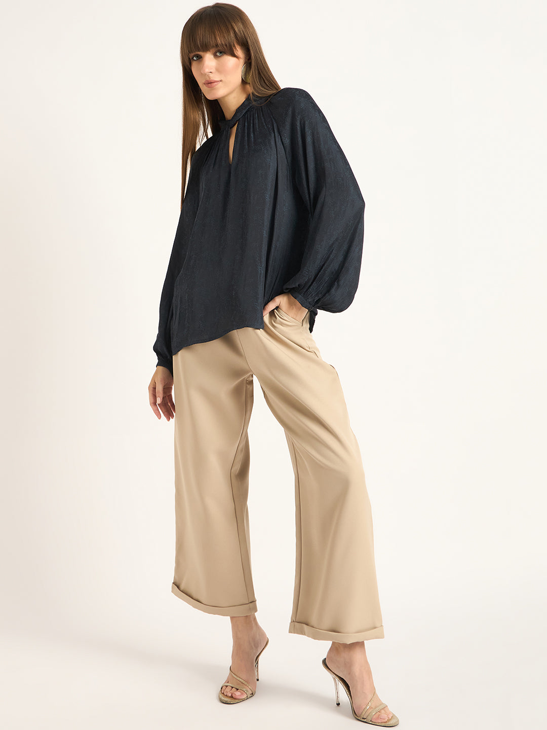 Navy Satin Neck Twist Detail Top