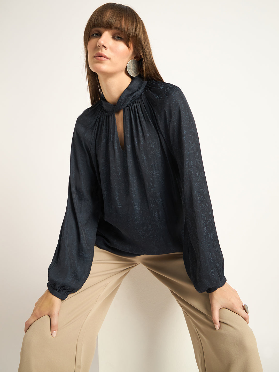 Navy Satin Neck Twist Detail Top