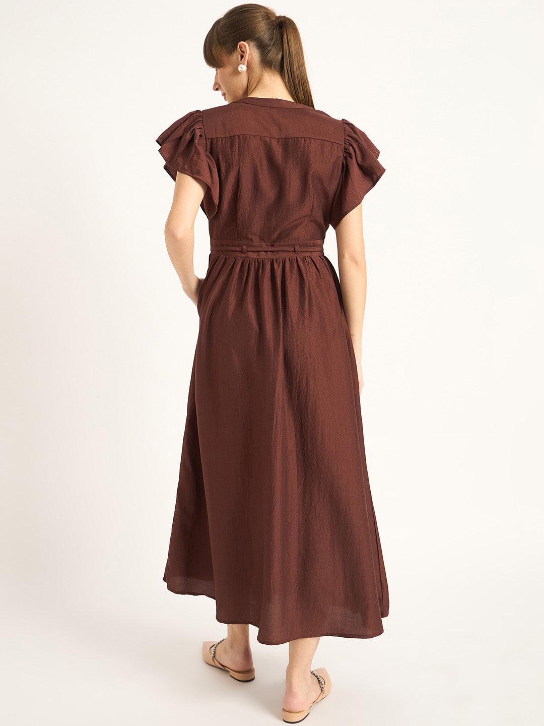 Brown Flutter Sleeves Maxi Dress