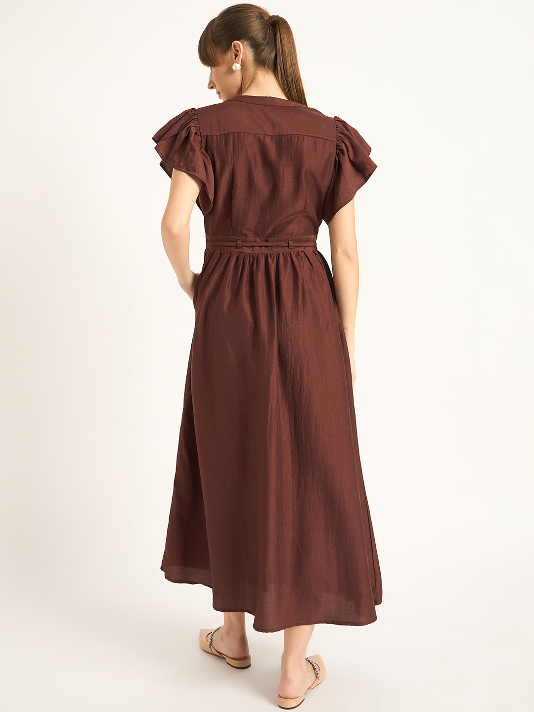 Brown Flutter Sleeves Maxi Dress